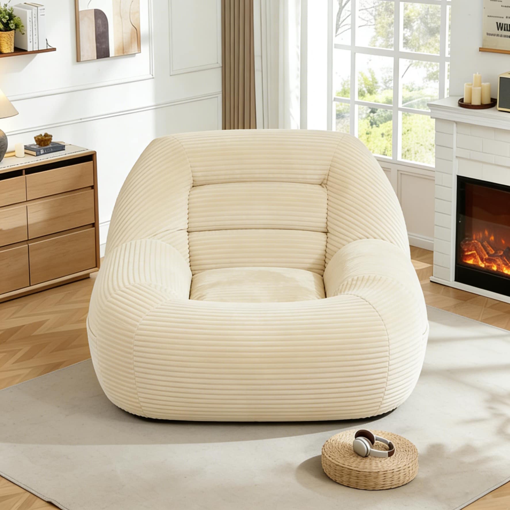 Corduroy Fabric Beanbag Couch For Living Room, Bedroom & Dorm, Cozy Fluffy Cloud Mini Couch,CAMEL_voghion.com
